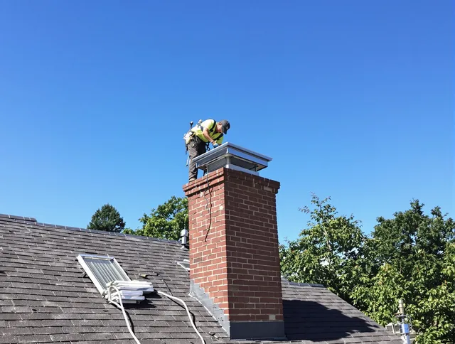 Wallingford Center Chimney Sweep technician measuring a chimney cap in Wallingford Center, CT