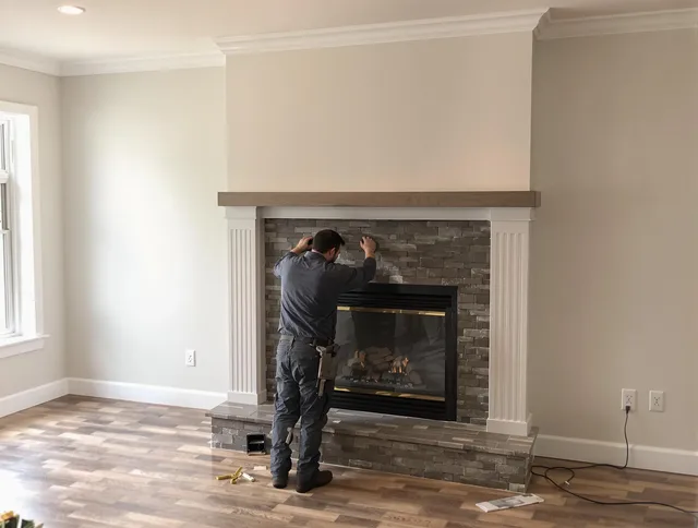 Wallingford Center Chimney Sweep finishing a custom fireplace install in Wallingford Center, CT